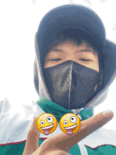 a person wearing a mask and a hat has two smiley faces on their hands