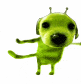 a green dog with a black nose is standing on a white background