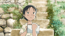 a girl is standing on a set of stone stairs holding a book