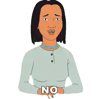 a cartoon of a woman saying no with her hands on her chest