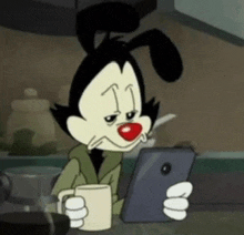 a cartoon character is holding a cup of coffee and looking at a tablet .