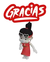 a cartoon girl wearing sunglasses and a gracias sign