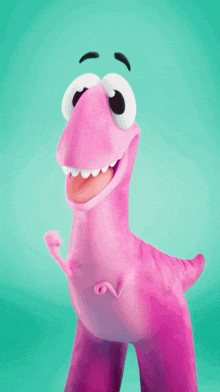 a pink cartoon character with big eyes and a big smile on his face