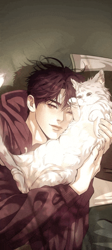 a man holding a white cat in his arms