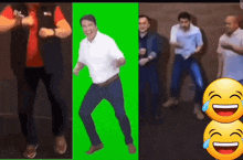 a group of men are dancing in front of a green background