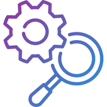 a gear and a magnifying glass are shown in this icon .