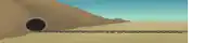 a cartoon drawing of a train going through a tunnel in the desert