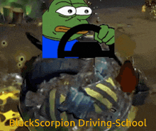 a picture of a frog driving a car with the words black scorpion driving school