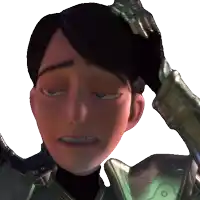 a close up of a cartoon character 's face with a hand on his head
