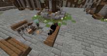a person sitting on a wooden bench in a minecraft world