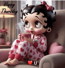 a cartoon of betty boop sitting in a chair holding a cup of hot chocolate