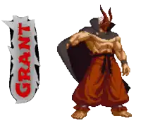 a video game character with horns and a sign that says grant