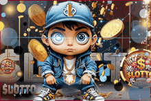 a cartoon of a boy wearing a blue hat with the letter d on it surrounded by coins