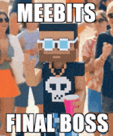 a cartoon character with a skull on his shirt and the words meebits final boss below him