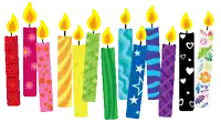 a row of colorful birthday candles with flames