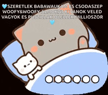a cartoon cat is laying in a bed with a blue pillow