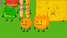 a group of cartoon characters standing next to each other including a pencil , a coin , and a sponge