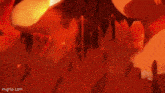 a cartoon character is standing in front of a fire and making a heart shape with his hands .
