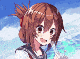 a brown haired anime girl is holding a bong