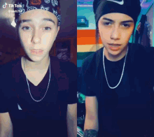 a boy wearing a headband and a necklace is standing next to another boy wearing a black shirt .