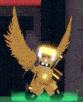 a gold robot with wings and a helmet is standing in a dark room .