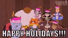 a group of cartoon characters with the words happy holidays written on the bottom