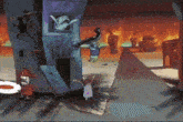a cartoon of a fireman and a girl standing in front of a building on fire