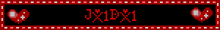 a red and black banner with the word jxidx1 and two hearts