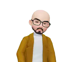 a bald man with glasses and a beard points up