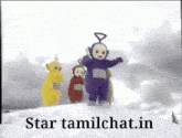 a picture of teletubbies standing on top of a snowy hill
