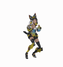 a girl in a cat costume is holding a pair of scissors and wearing a black and yellow outfit