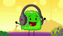 a green cartoon character wearing headphones and a microphone