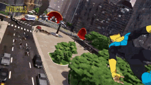 a poster for invincible shows a superhero flying over a city