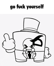 a black and white drawing of a cartoon character in a top hat giving the middle finger .