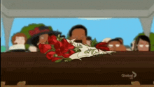 a coffin with a bouquet of red roses on it and a global hd logo in the corner