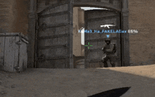 a soldier is standing in front of a door with fakelagax 65 % written on it