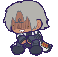 a cartoon drawing of a boy with gray hair and a purple outline