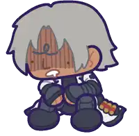 a cartoon drawing of a boy with gray hair and a purple outline