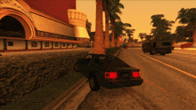 a video game scene shows a car driving down a road