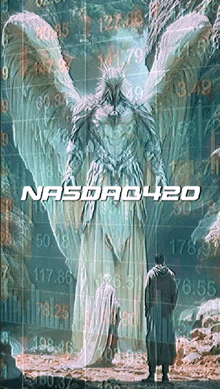 a poster for nasdaq420 shows a man standing in front of a large bird