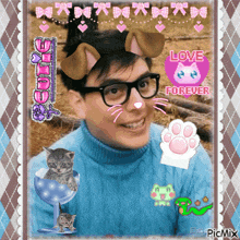a picture of a man wearing glasses and a dog ear mask with the words love forever