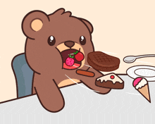 a cartoon of a teddy bear eating a strawberry and a piece of cake