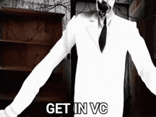 a man in a white suit and tie with the words get in vc written below him