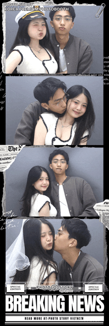 a man kissing a woman in a photo booth with breaking news written on the bottom