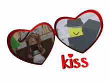 two hearts with a picture of a girl and a man and the word kiss on the bottom