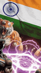 a man in a military uniform stands in front of a tiger and a flag