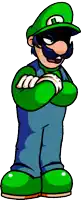 a cartoon of a man with a mustache wearing a green hat and overalls