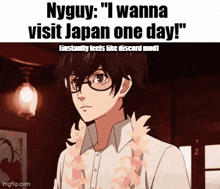 a man with glasses and a lei around his neck is standing in front of a window .