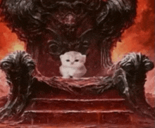 a white kitten is sitting on a throne in the middle of a fire .