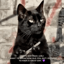 a black cat is holding a piece of paper in its paws and says `` happy birthday , girl ! ''